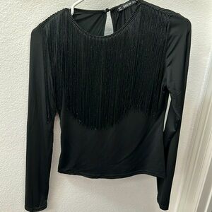 Black long sleeve fringe top